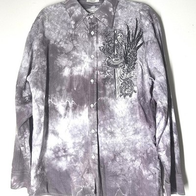 Eighty Eight Y2K Tie Dye Wing Cross Button Up Shirt Gray Mens L Cyber Grunge