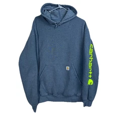 Carhartt Hoodie Men’s Large Sleeve Spell Out Gray Green K288-CHH Cotton Workwear