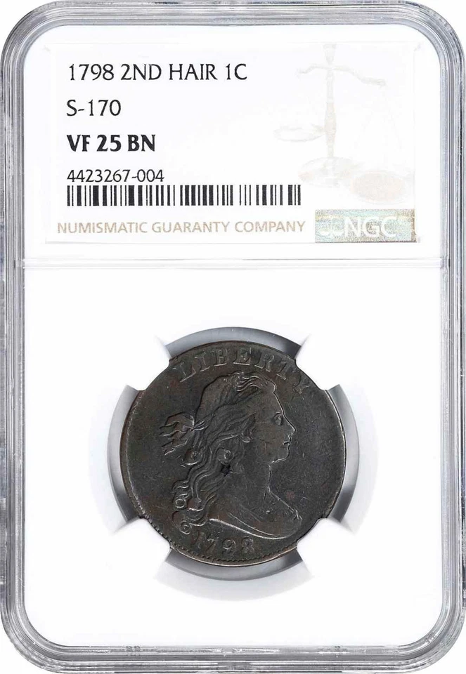 1798 Draped Bust Design Large Cent 2nd Hair Style NGC Graded VF 25 Brown (S-170) - Image 4 of 4