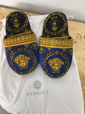 Versace Medusa Cotton/Terry Fabric Bath Slippers Blue & Gold Size M Authentic