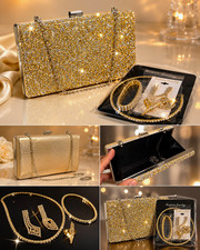 Gold Rhinestone Crystal Clutch Evening Bag, Chain Strap, Push Lock Closure