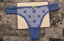 VICTORIA'S SECRET L BLUE FLORAL POLKA FLOCKED DOT VELVET LIKE MESH THONG PANTIES