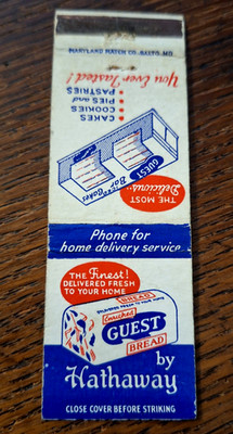 Vintage Matchbook: Guest Bread by Hathaway, Boston, MA area Bakeries