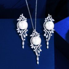 Shiny White Cubic Zirconia Long Dangle Pearl Drop Necklace Earrings Jewelry Set