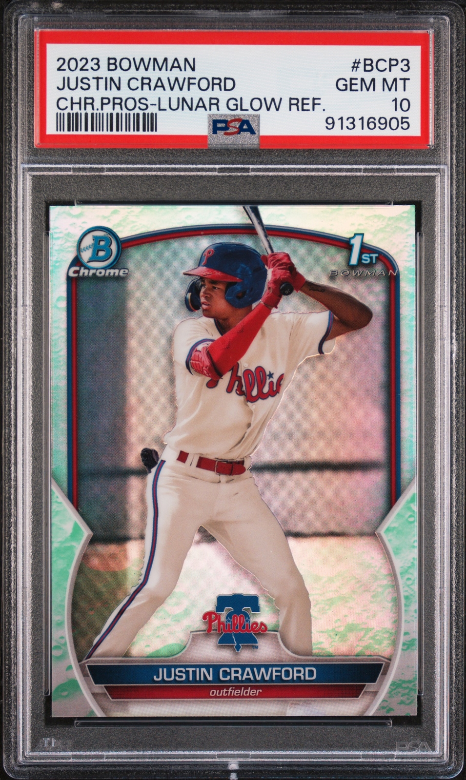 Justin Crawford 2023 Bowman Chrome 1st Lunar Glow Refractor Card #BCP-3 PSA 10