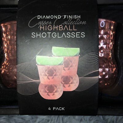 4 pack, Diamond Finished High Baller shot glass 4 oz, Gift Set Copper Collection