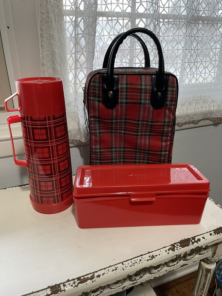Vintage Aladdin Red Plaid Tartan Quart Thermos Lunch Box Set