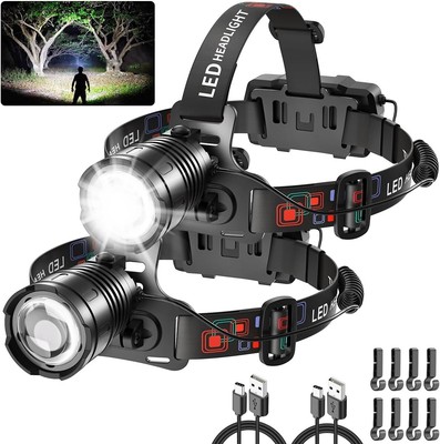 Headlamp 2 Pack, Adjustable Focus Headlight, 4 Mode LED Headlamp Rechargeable