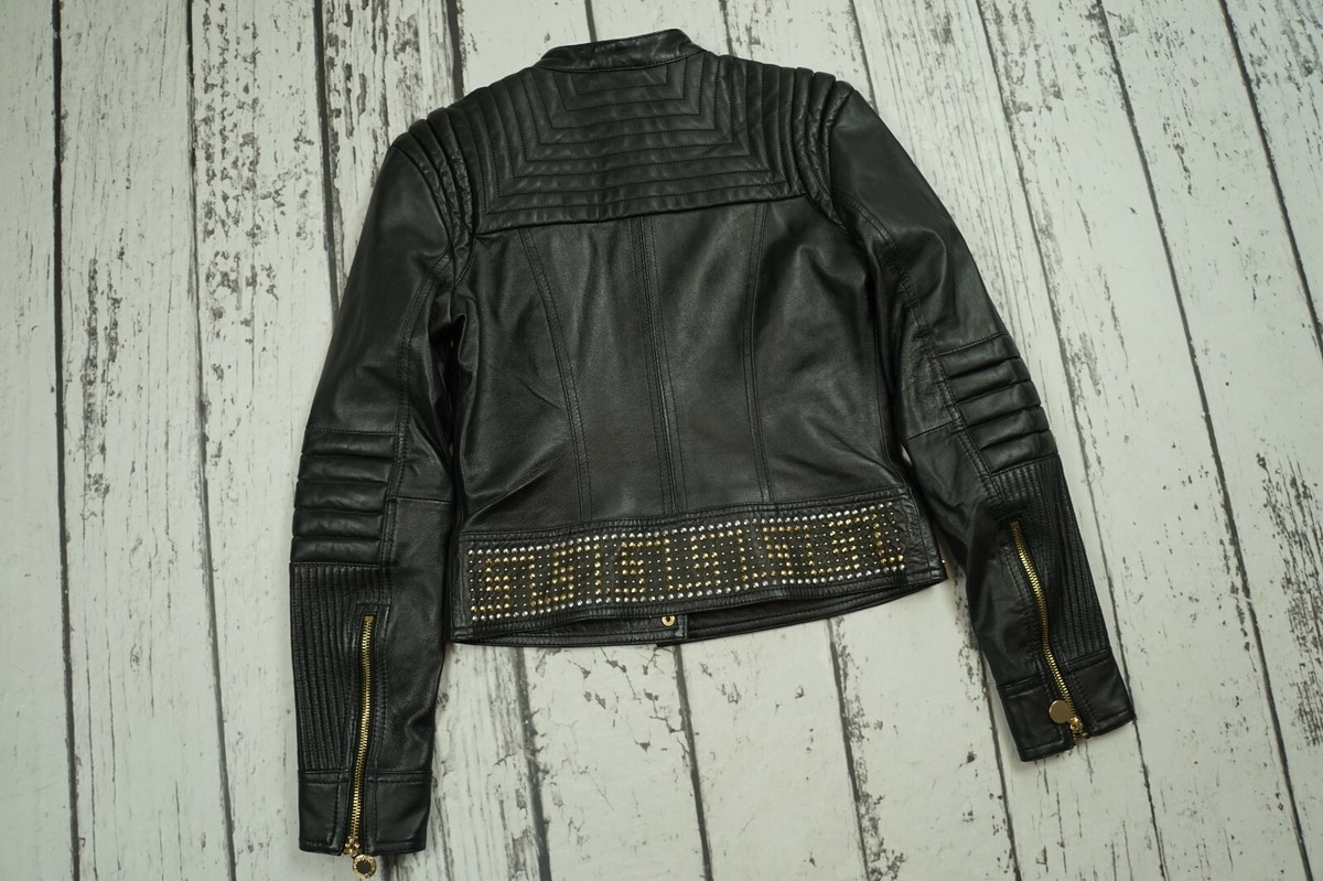 【238】VERSACE for H＆M ライダースジャケット レディース VERSACE For H&M Black Biker Gold Studded Zipper Leather