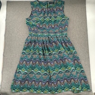 Ellen Tracy A-Line Dress Sleeveless Pleated Sz 16 Teal Black Round Neck Lined