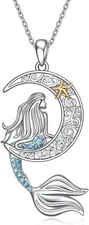 Mermaid Crescent Moon Starfish Pendant Necklace Sterling Silver Gifts for Women