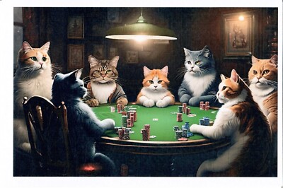 NEW Custom Designed Printed 4x6 Postcard Cat Kitten playing poker cards bridge