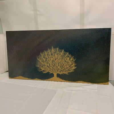 Golden Tree Size 24x48 Original Acrylic Painting Night Blue Colorful Nebula Sky