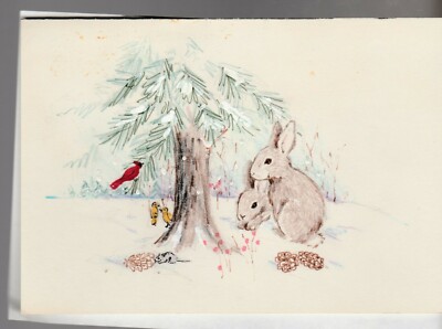WINTER SCENE Rabbits Mouse Birds Painted Rough Greeting