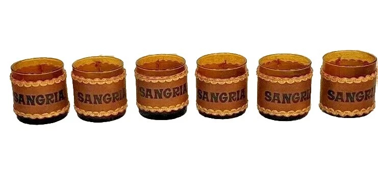 Vtg SANGRIA Amber Leather Encased Drinking Glasses Lot x6 Mid Century Bar MCM