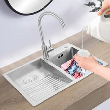 New Stainless Steel Laundry Sink with Faucet & Washboard 2 Basins Welding Sink