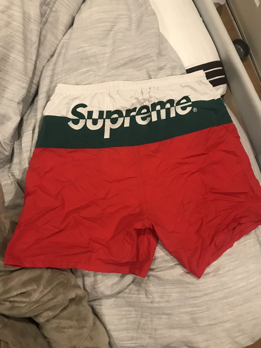 Supreme Split Logo Water Shorts Red Green White Stripe SS17 Supreme Split Logo Water Shorts Red Green White Stripe SS17