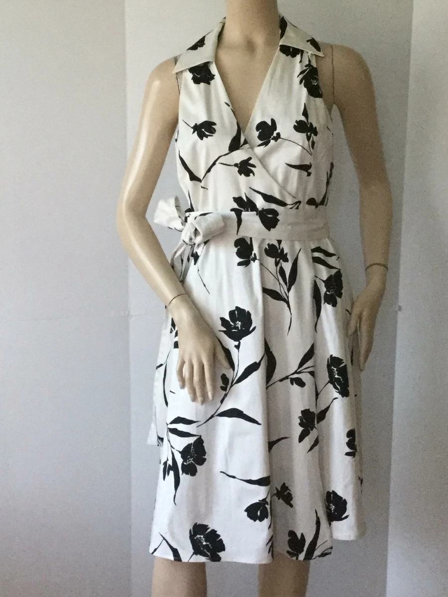CHAPS by Ralph Lauren White Black Floral Wrap Dress Size 6