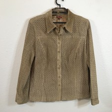 V By Eva Suede Leather Jacket Size 1x Brown Geometric Cutouts Lined Long Sleeve