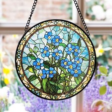 Forget Me Not Stained Glass Suncatcher Window Hanging Blue Flower Decor