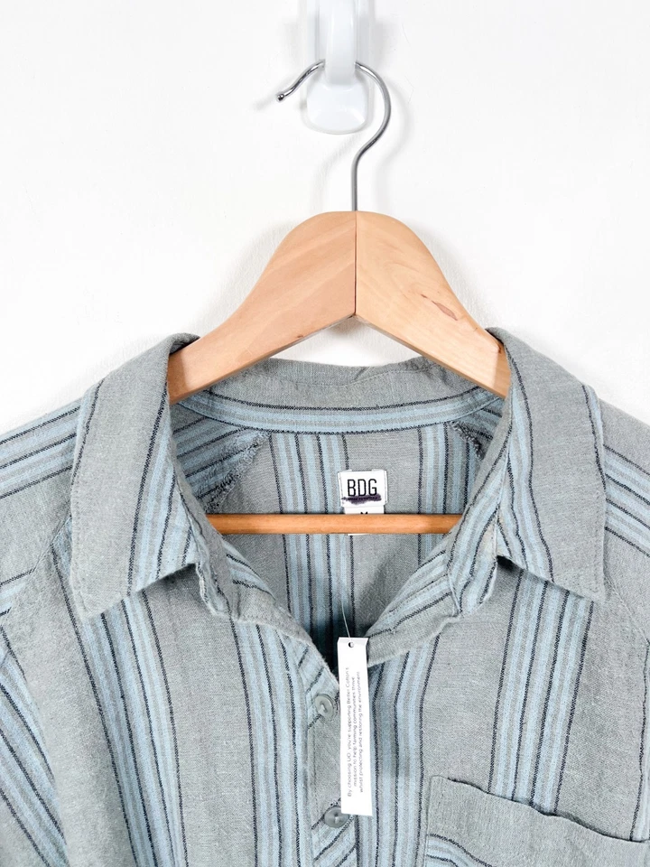 Camisa Urban Outfitters BDG M Rayas Algodón Lino Top Grande Cuadrada Abotonada Foto 4 de 4