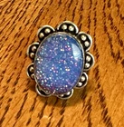 Vintage 925 Sterling Silver Beaded Purple Glitter Inlay Stone Ring Size 7.25