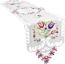 Summer Table Runner Embroidered Tulip Flower Table Runner 14 x 69 Inch Cutwork S