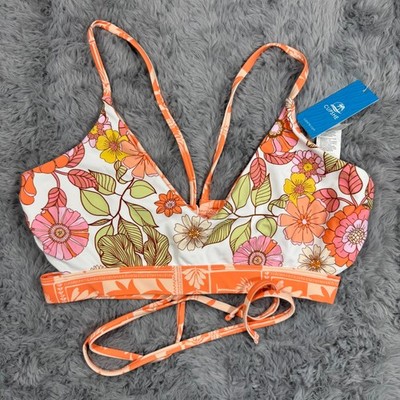 Cupshe Bikini Top Women XL Orange Nylon Floral Beach Reversible Tropical Stretch