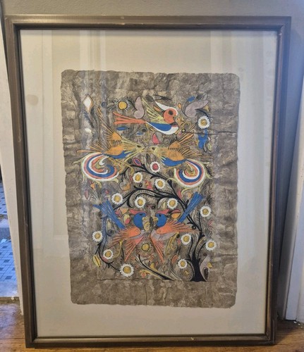 Vintage 1960's Framed Mid-Century Neon Bark Painting/Amate - Mexico 27" X 20" 