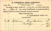 1906 D. Landreth Seed Co. Bristol PA Vintage Postal Memorandum Card