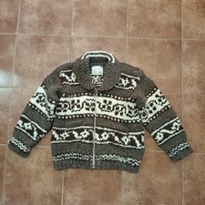 Vintage Genuine Cowichan Hand Spun Hand Knit Wool Cardigan Unisex Brown White S