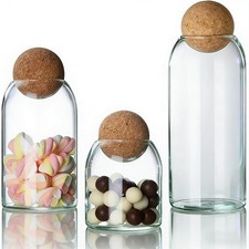 Glass Stora Jars with Ball Cork Lids - 3 Pcs Set, Decorative Round Glass