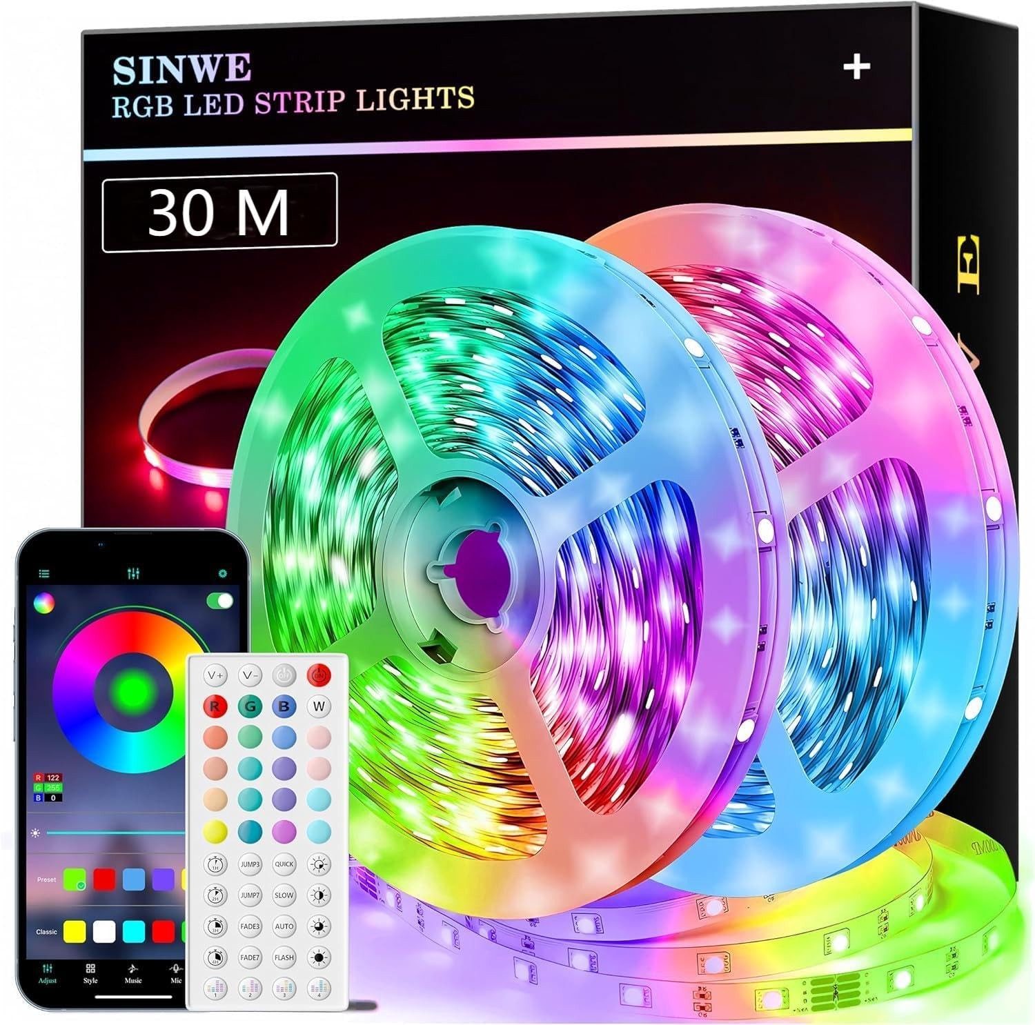 SINWE 30M Led Strip Lights Music Sync Led Lights with 44 Keys Remote and App