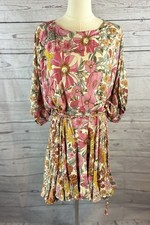 The Impeccable Pig Floral Dress Womens L 100% Rayon Boho Tie Waist NWOT