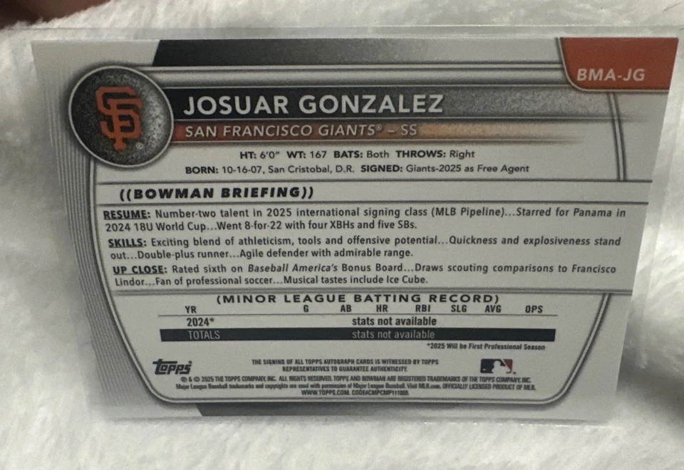 Bowman Chrome Josuar Gonzalez Blue Mojo Refractor Auto 2025/150 SP Giants Foto 3 de 4