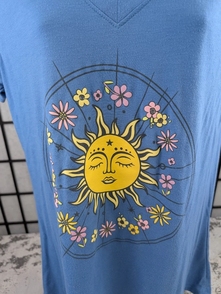 Modern Lux女式蓝色XL V领上衣太阳花卉图案T恤胸部36 — 第 3/4 张图片