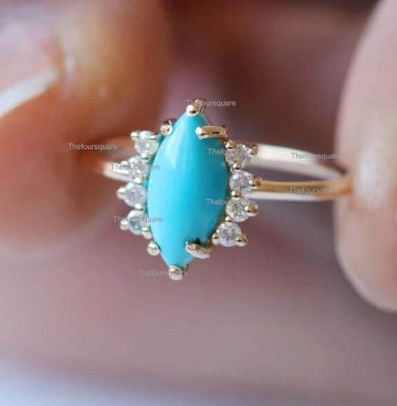 Anillo de boda de plata 925 con diamantes turquesa marquesa, anillo de cuatro diamantes Foto 3 de 4