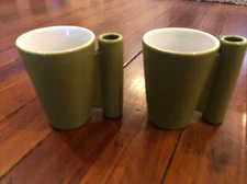 Set of 2 Crate & Barrel CB2 Mugs Cups w/ Spoon Holder Sprout Green 3 7/8" Tall