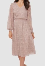 MSK Women's Pink V-Neck Metallic Midi Fit & Flare Dress Size S