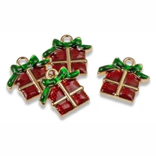 10 Christmas Present Charms, Enamel Holiday Pendants, DIY Jewelry Supplies