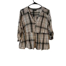 Torrid Peplum Blouse Womens 2 / 18 - 20 Checkered Roll Tab Sleeve Black Brown
