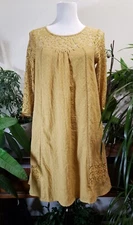 DOE & RAE Dress Women S Yellow Cotton 3/4 Sleeve Lace Boho Pullover Lined Comfy