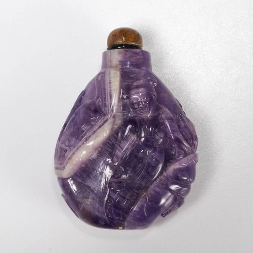 Chinese Carved Purple Amethyst Stone Bird Cat Fish Flower Snuff Bottle 2.5" OOAK