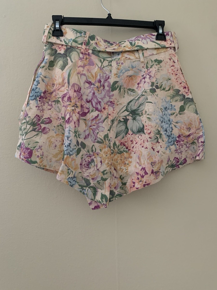 NWT Zimmermann Halliday Floral Belted Linen Shorts Size 3 AU
