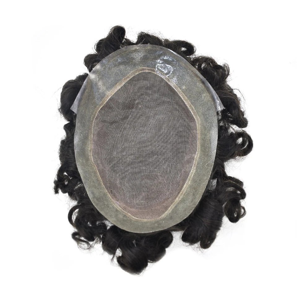 Pelucas finas mono polietileno para hombre sistema de cabello humano negro toupee rizado 20 mm 25 mm Foto 4 de 4