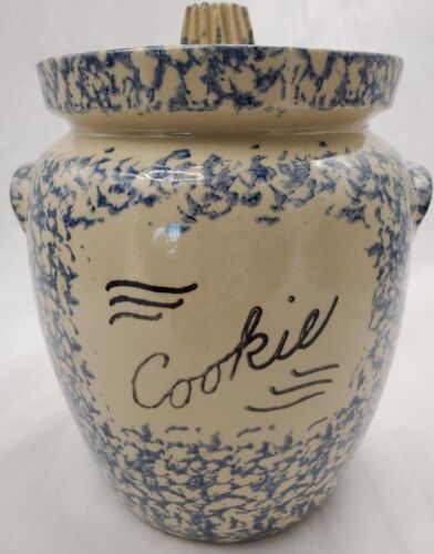 Robison Ransbottom Pottery Cookie Jar Canister Blue Sponge Ware Roseville Ohio - Picture 1 of 11