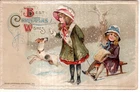 ANTIQUE CHRISTMAS Postcard   (JOHN WINSCH)    GIRL PULLING FRIEND ON SLED, PUPPY