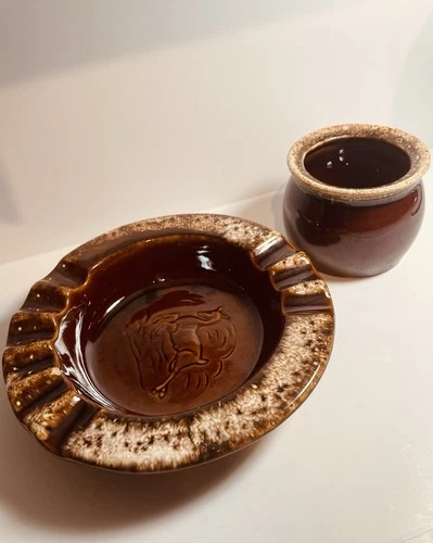 Hull Pottery Brown drip Bowl And Ash Tray Dish Vintage Smoking USA Antique