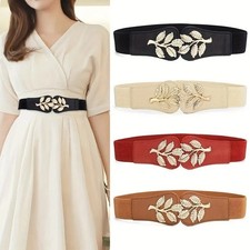 Gold Leaf Elastic Waist Belt for Women Wide Fashion Buckle Dress Skirt Us
