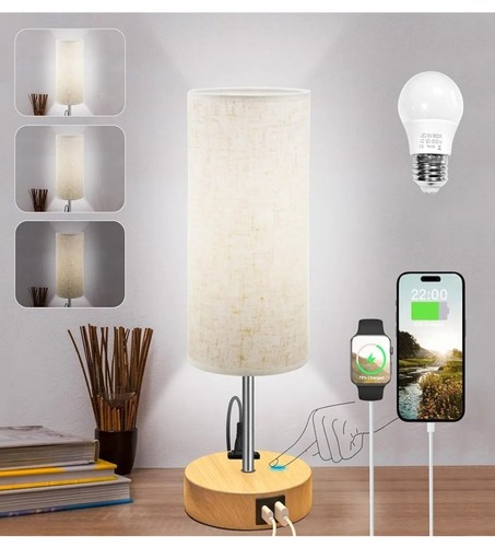 Bedside Lamp- Touch Control Table Lamp with USB C+A Charging Ports & AC Outlets